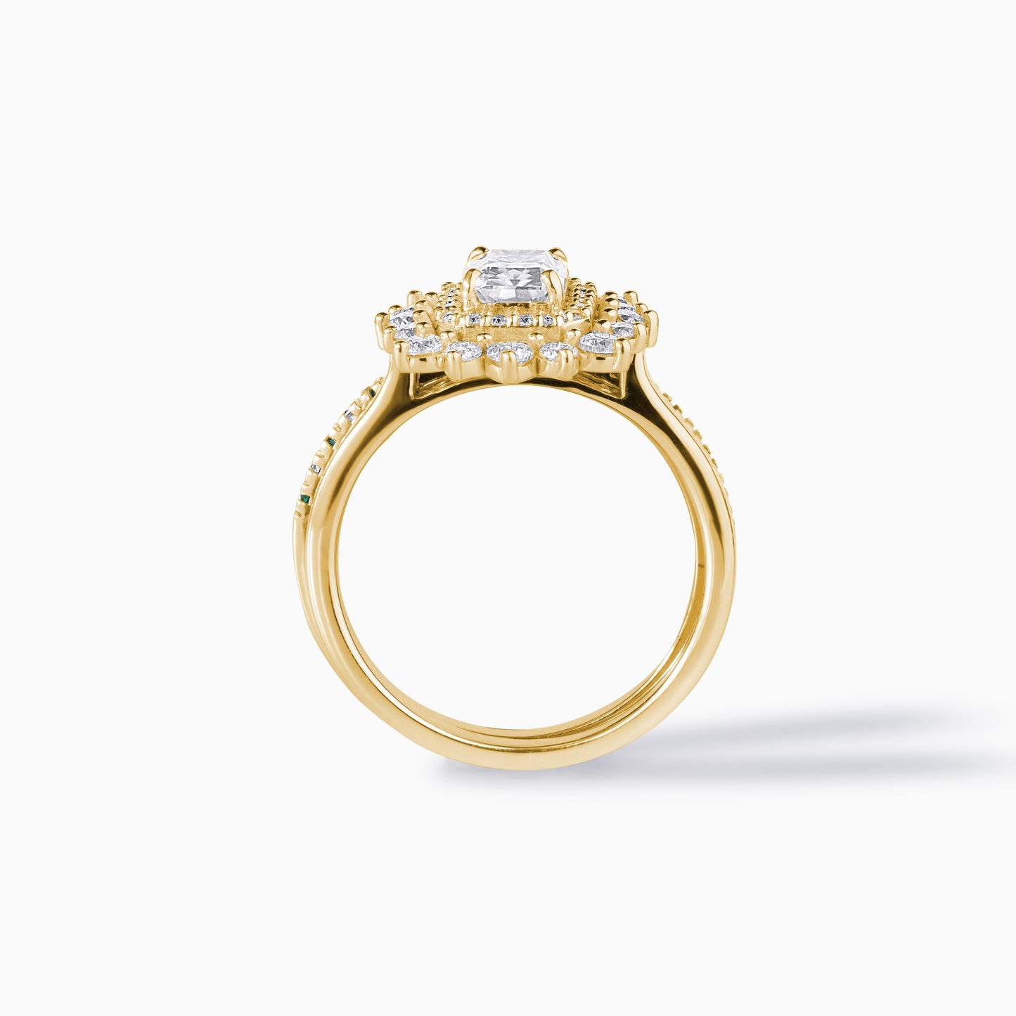 Moissanite emerald ring | Solid Gold halo design Ring Set | Double halo bridal wedding band | Alternative diamond engagement ring