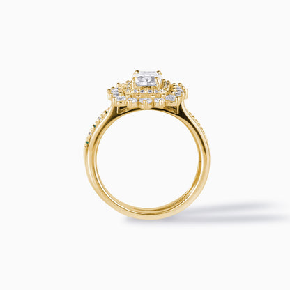 Moissanite emerald ring | Solid Gold halo design Ring Set | Double halo bridal wedding band | Alternative diamond engagement ring