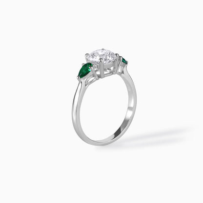 Moissanite Emerald Ring Sterling Silver Engagement Three Stone Round Green Gemstone Anniversary Elegant Bridal Jewelry Set Trilogy Promise