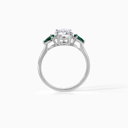 Moissanite Emerald Ring Sterling Silver Engagement Three Stone Round Green Gemstone Anniversary Elegant Bridal Jewelry Set Trilogy Promise