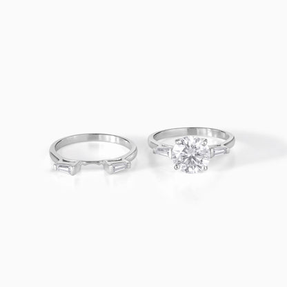 Round Brilliant Solitaire Moissanite Ring Set with Baguette Accents in 925 Sterling Silver, Elegant Bridal Engagement & Wedding Band Duo