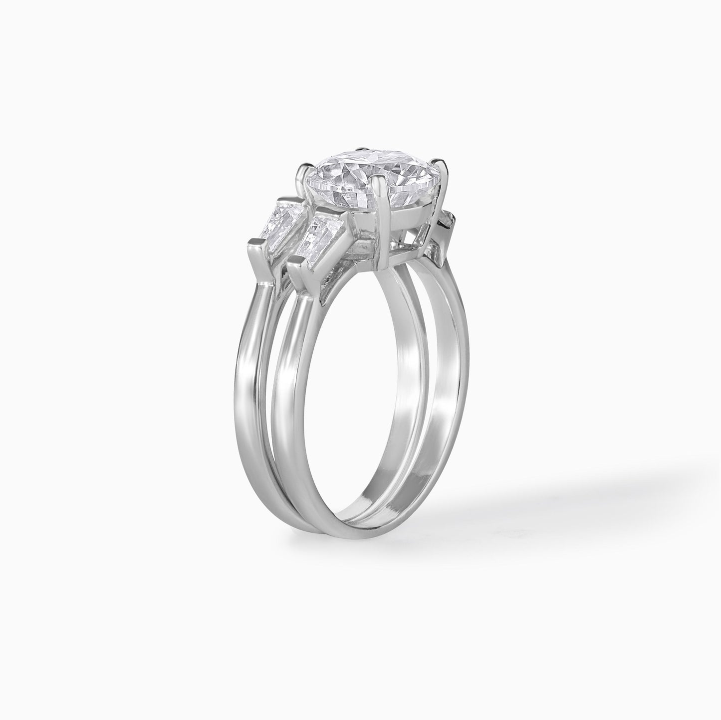 Round Brilliant Solitaire Moissanite Ring Set with Baguette Accents in 925 Sterling Silver, Elegant Bridal Engagement & Wedding Band Duo
