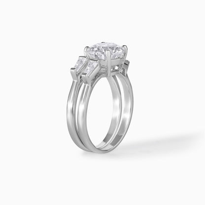 Round Brilliant Solitaire Moissanite Ring Set with Baguette Accents in 925 Sterling Silver, Elegant Bridal Engagement & Wedding Band Duo