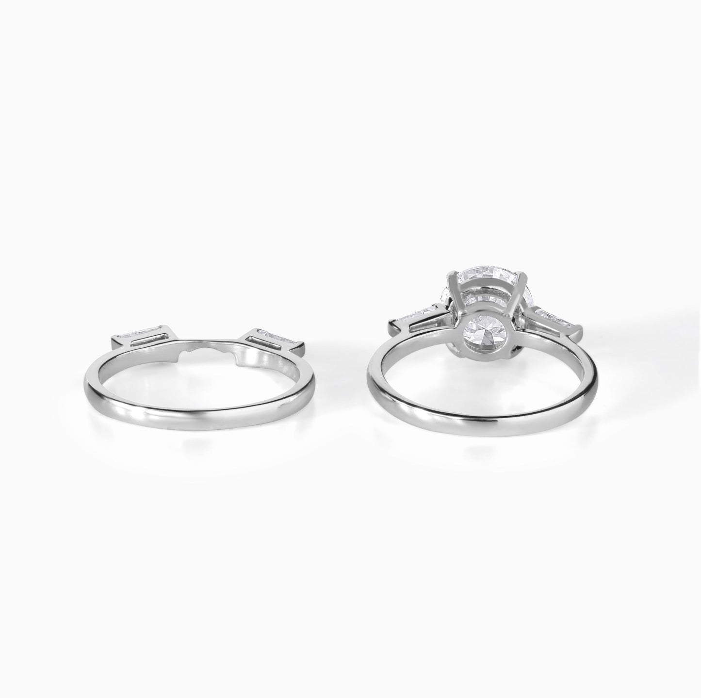 Round Brilliant Solitaire Moissanite Ring Set with Baguette Accents in 925 Sterling Silver, Elegant Bridal Engagement & Wedding Band Duo