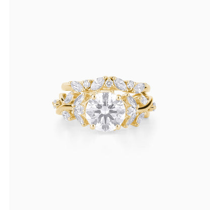 Vintage-Inspired Marquise & Round Cut Diamond Engagement Ring Set in Yellow Gold | Nature Bridal Set | Unique Cluster Wedding Rings for Her