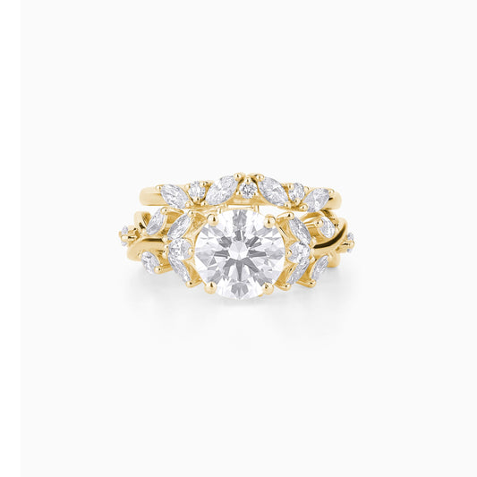 Vintage-Inspired Marquise & Round Cut Diamond Engagement Ring Set in Yellow Gold | Nature Bridal Set | Unique Cluster Wedding Rings for Her