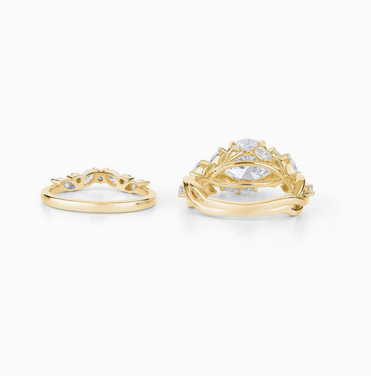 Vintage-Inspired Marquise & Round Cut Diamond Engagement Ring Set in Yellow Gold | Nature Bridal Set | Unique Cluster Wedding Rings for Her