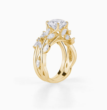 Vintage-Inspired Marquise & Round Cut Diamond Engagement Ring Set in Yellow Gold | Nature Bridal Set | Unique Cluster Wedding Rings for Her