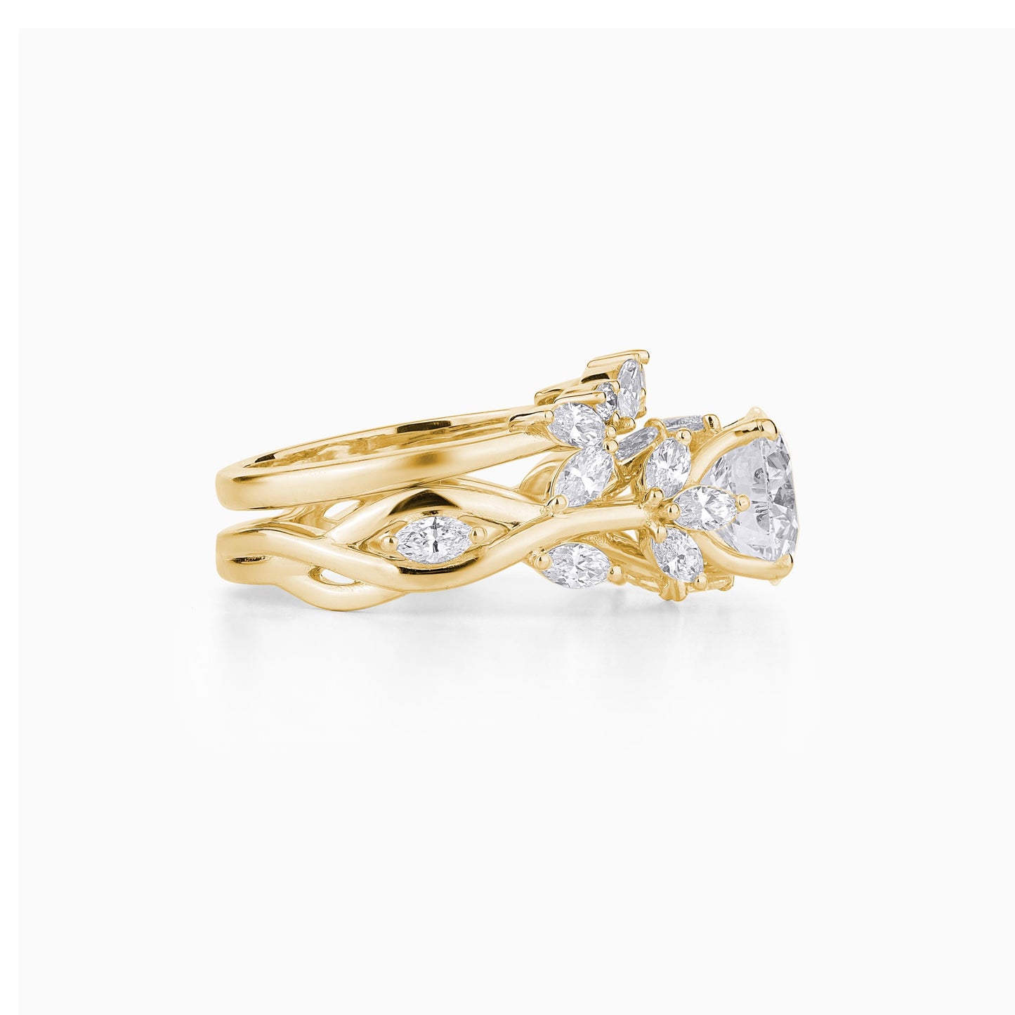 Vintage-Inspired Marquise & Round Cut Diamond Engagement Ring Set in Yellow Gold | Nature Bridal Set | Unique Cluster Wedding Rings for Her