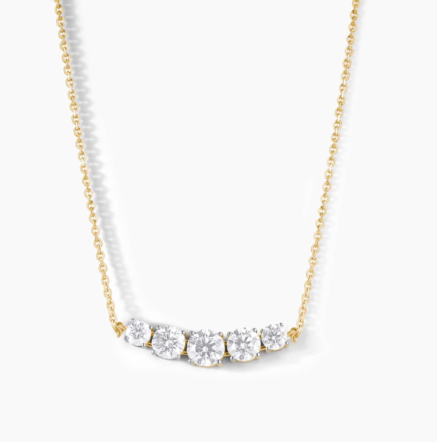 Sterling Silver Curved Bar Moissanite Necklace – Graduated Diamond Alternative Bridal Pendant