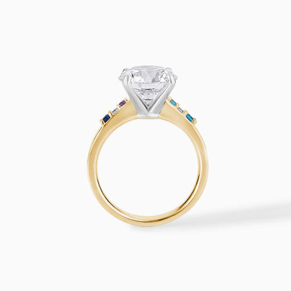 Round Cut Moissanite Engagement Ring in Yellow Gold | Minimalist Solitaire with Blue Sapphire Accents | Dainty Unique Wedding Ring for Her