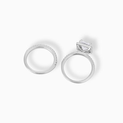 Princess Cut Moissanite Engagement Ring Set in 925 Silver | Halo Bridal Set with Pave Band | Modern Square Diamond Wedding Ring Set for Her