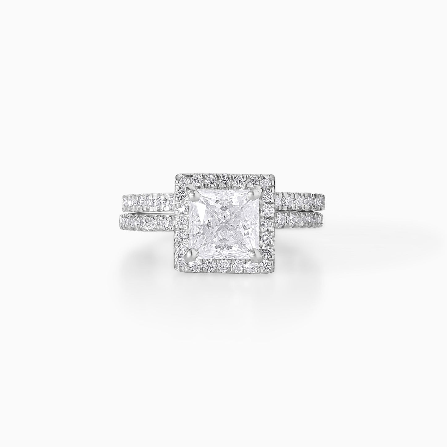 Princess Cut Moissanite Engagement Ring Set in 925 Silver | Halo Bridal Set with Pave Band | Modern Square Diamond Wedding Ring Set for Her