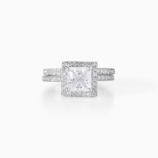 Princess Cut Moissanite Engagement Ring Set in 925 Silver | Halo Bridal Set with Pave Band | Modern Square Diamond Wedding Ring Set for Her