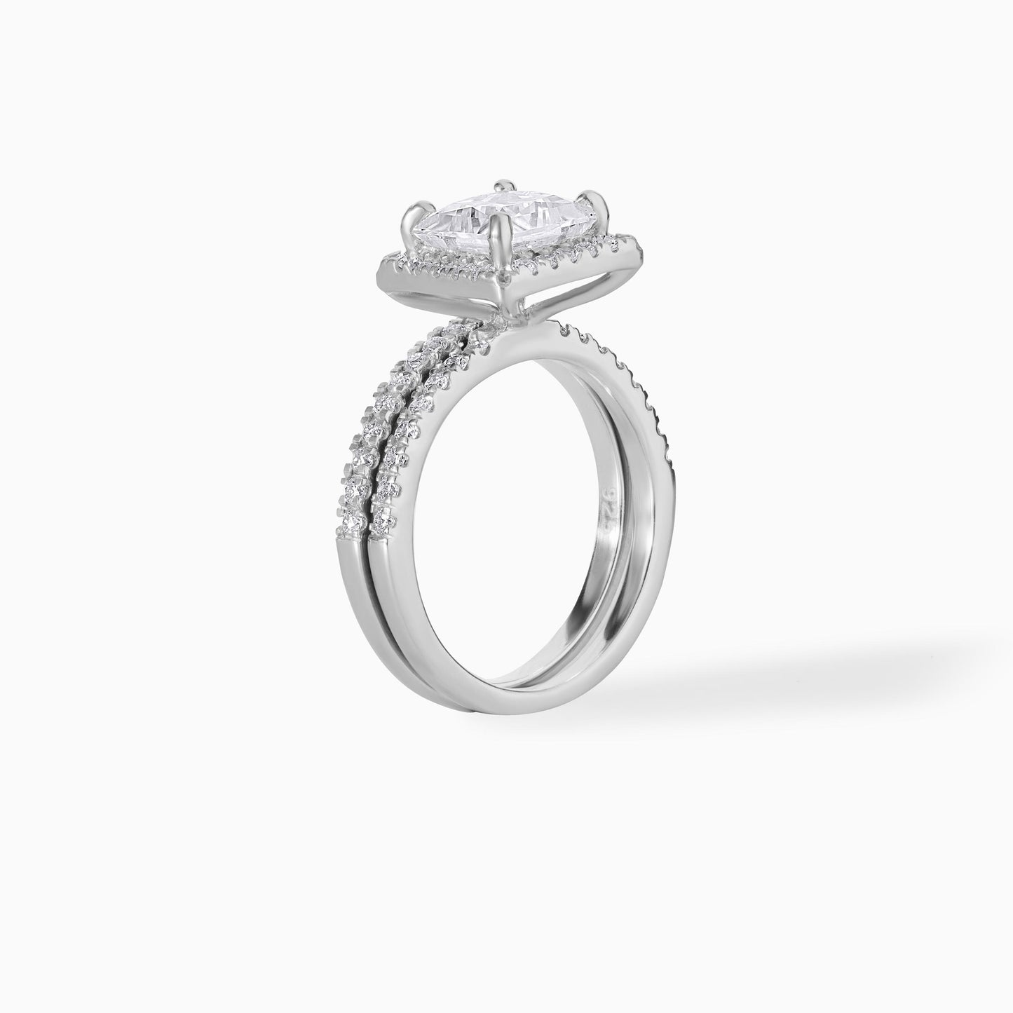 Princess Cut Moissanite Engagement Ring Set in 925 Silver | Halo Bridal Set with Pave Band | Modern Square Diamond Wedding Ring Set for Her