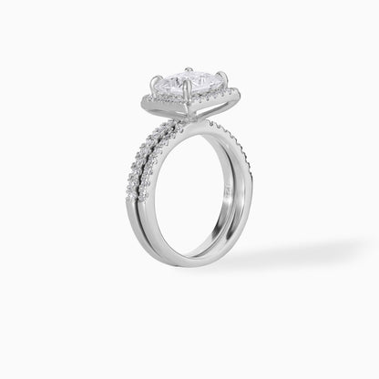 Princess Cut Moissanite Engagement Ring Set in 925 Silver | Halo Bridal Set with Pave Band | Modern Square Diamond Wedding Ring Set for Her