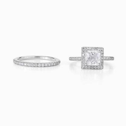 Princess Cut Moissanite Engagement Ring Set in 925 Silver | Halo Bridal Set with Pave Band | Modern Square Diamond Wedding Ring Set for Her