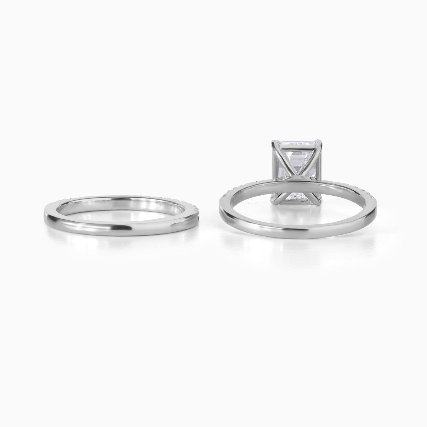 Emerald Cut Moissanite Engagement Ring Set in Silver | Hidden Halo Double Band Bridal Set | Modern Minimalist Wedding Ring Set for Her