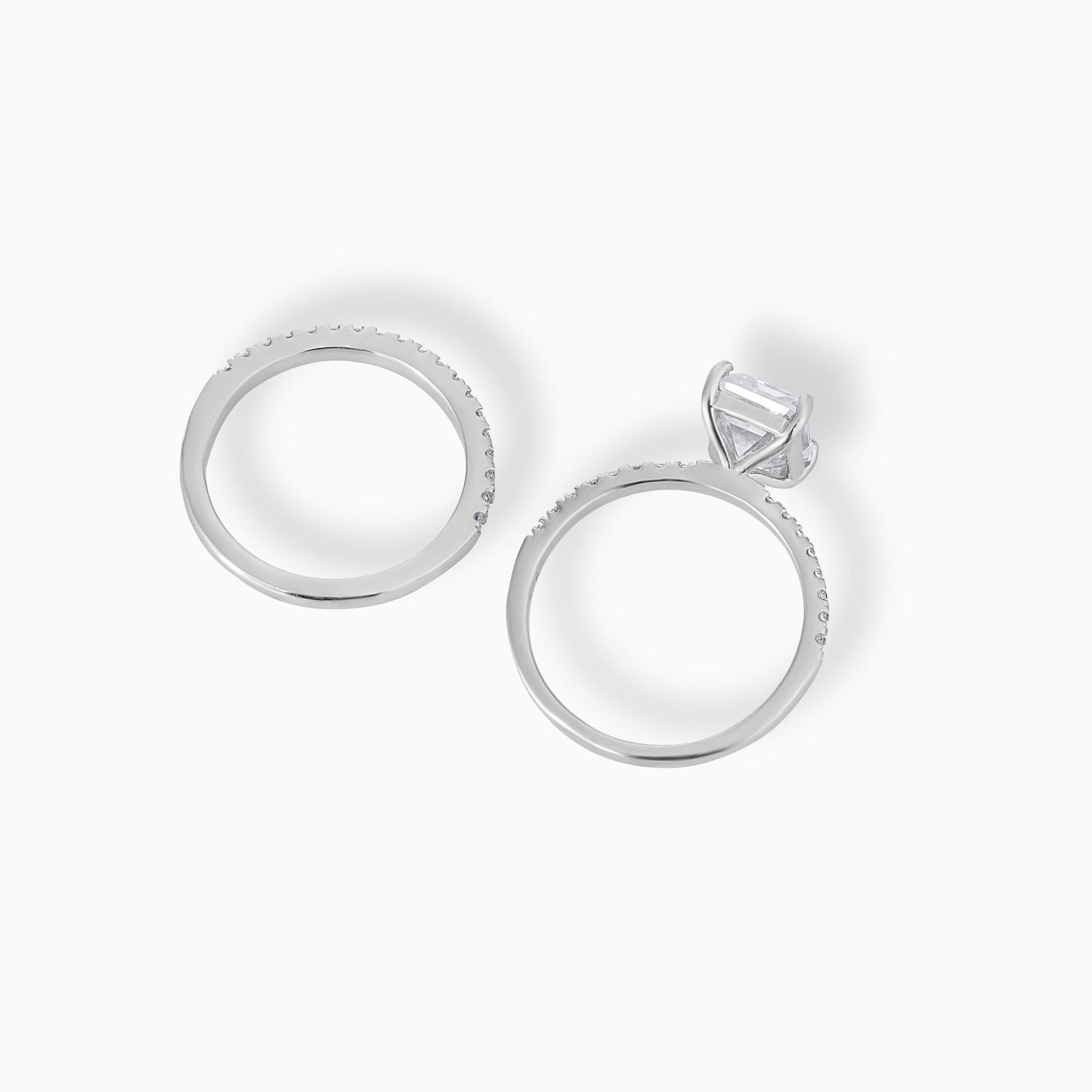 Emerald Cut Moissanite Engagement Ring Set in Silver | Hidden Halo Double Band Bridal Set | Modern Minimalist Wedding Ring Set for Her