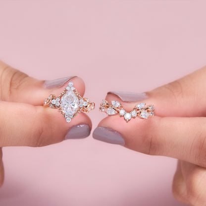 Vintage Pear Cut Moissanite Ring Set, Halo Engagement Ring with Curved Wedding Band