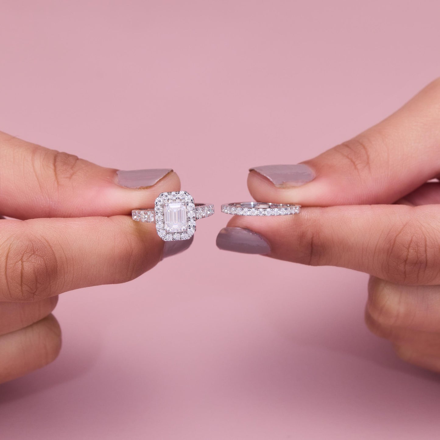 9*7 MM Emerald Cut Moissanite Halo Engagement Ring Set