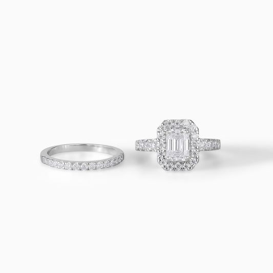 9*7 MM Emerald Cut Moissanite Halo Engagement Ring Set