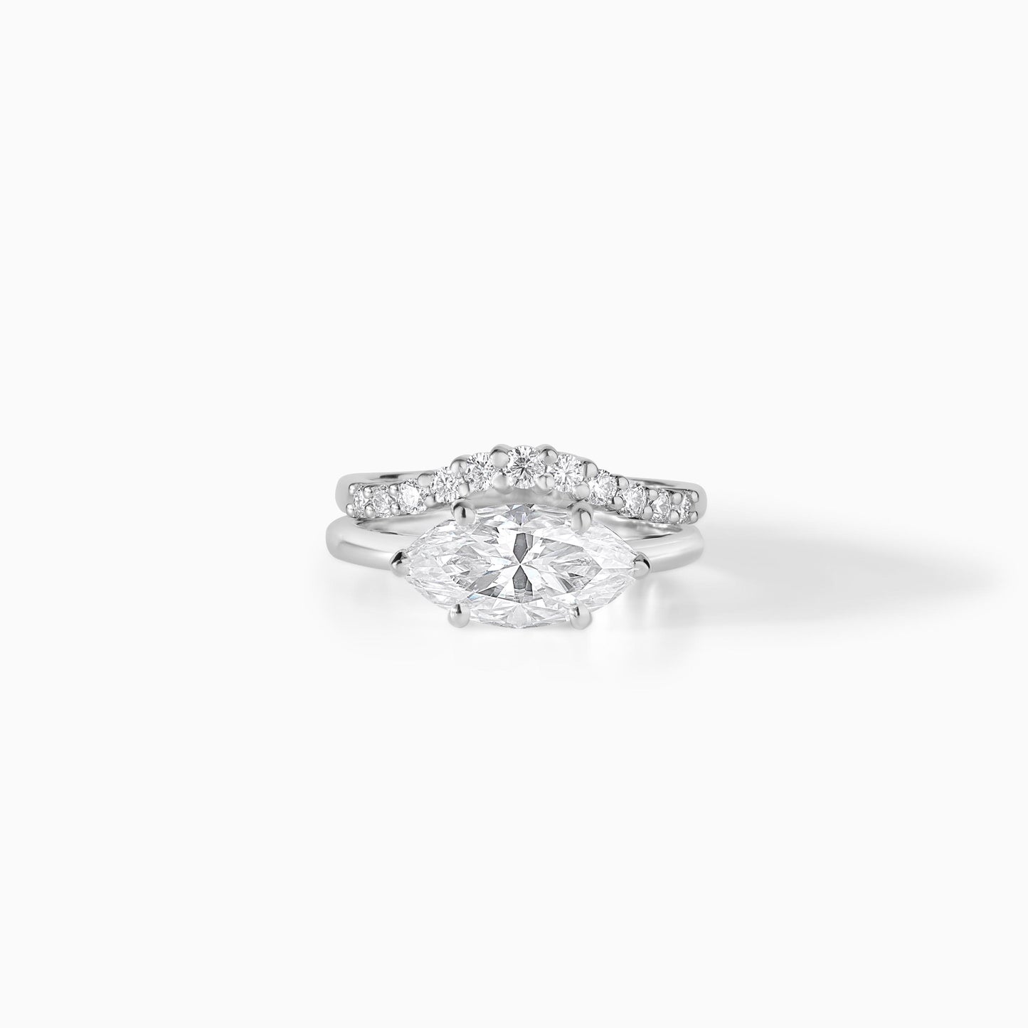 Marquise Moissanite Engagement Ring Set, Two Tone Gold Solitaire Ring with Curved Diamond Band, Unique Bridal Set, Minimal Wedding Ring