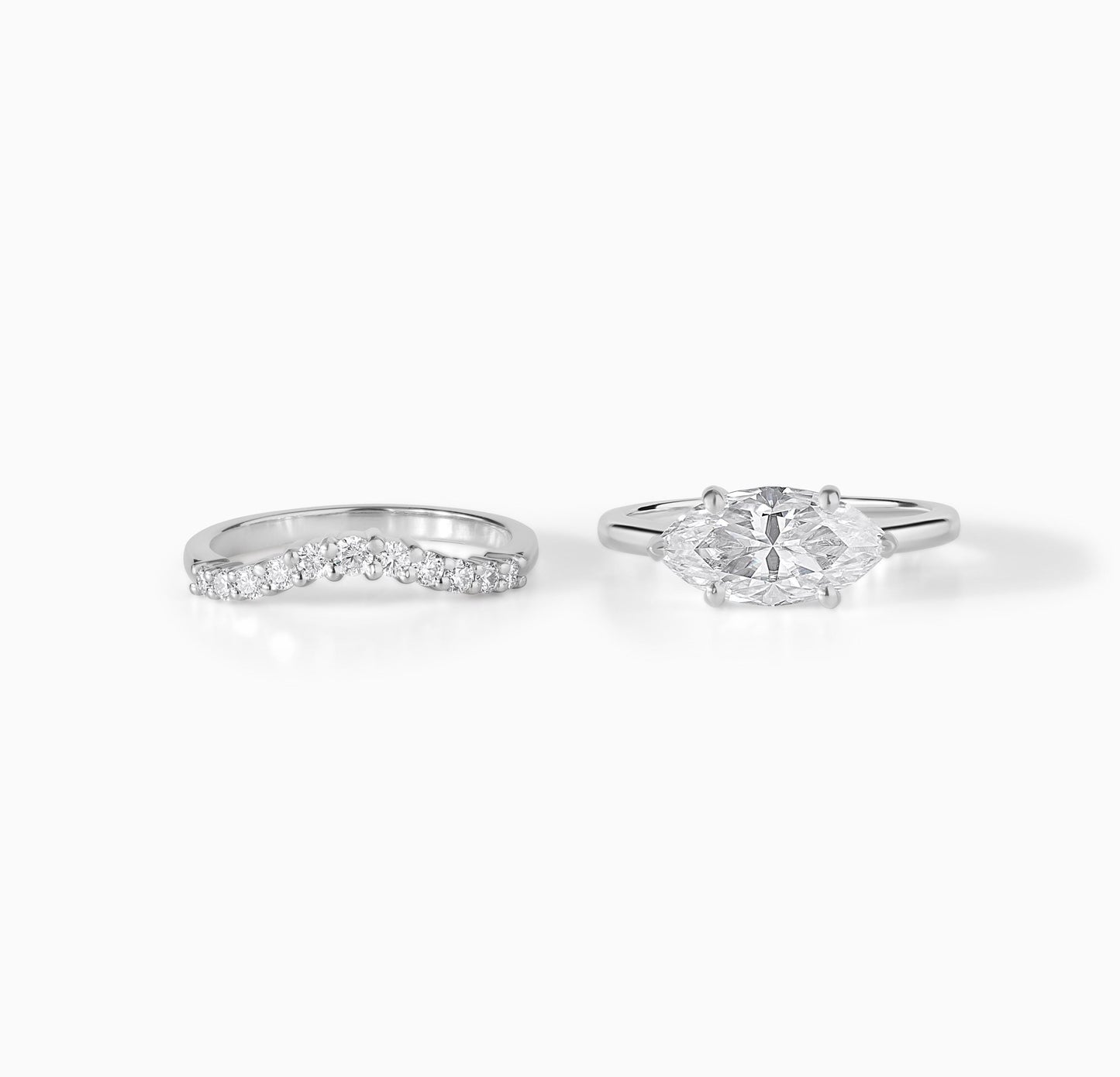 Marquise Moissanite Engagement Ring Set, Two Tone Gold Solitaire Ring with Curved Diamond Band, Unique Bridal Set, Minimal Wedding Ring