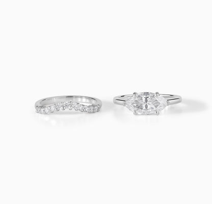 Marquise Moissanite Engagement Ring Set, Two Tone Gold Solitaire Ring with Curved Diamond Band, Unique Bridal Set, Minimal Wedding Ring