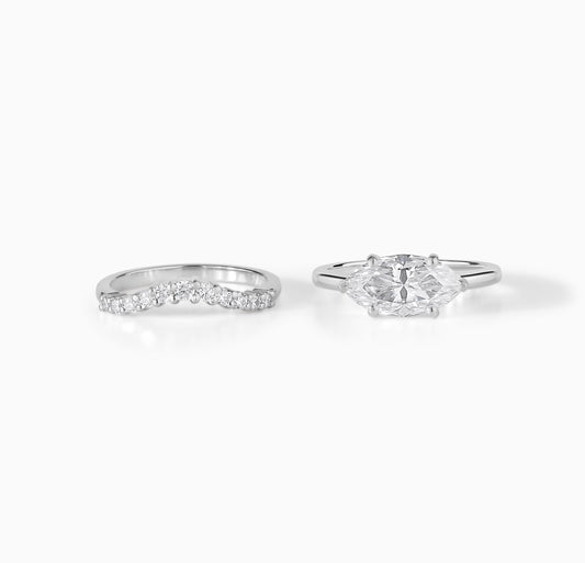 Marquise Moissanite Engagement Ring Set, Two Tone Gold Solitaire Ring with Curved Diamond Band, Unique Bridal Set, Minimal Wedding Ring