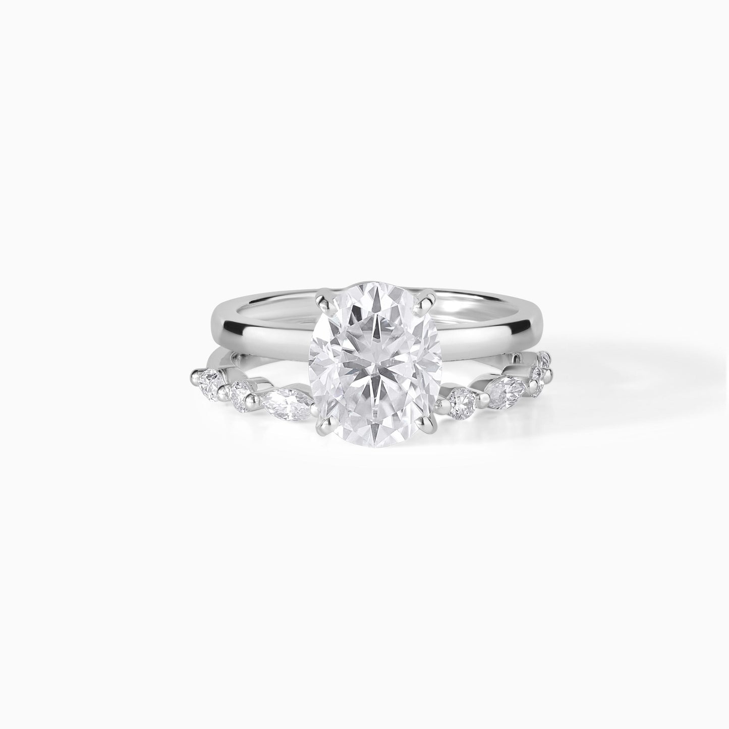 Oval Cut Moissanite Engagement Ring Set - Silver Bridal Set