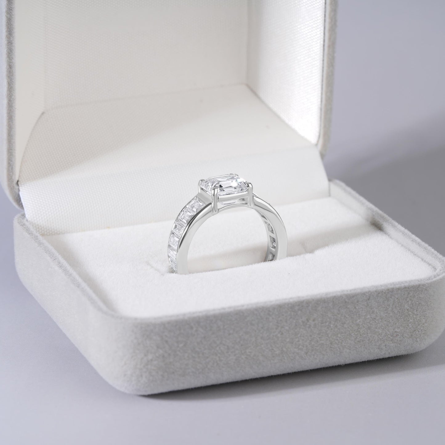 Sterling Silver Asscher Cut Moissanite Engagement Ring with Baguette Accents – Bridal Wedding Band