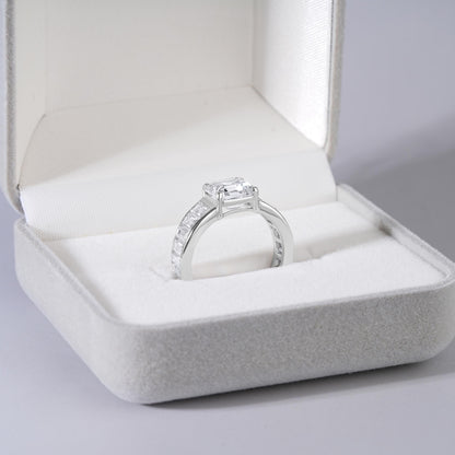 Sterling Silver Asscher Cut Moissanite Engagement Ring with Baguette Accents – Bridal Wedding Band