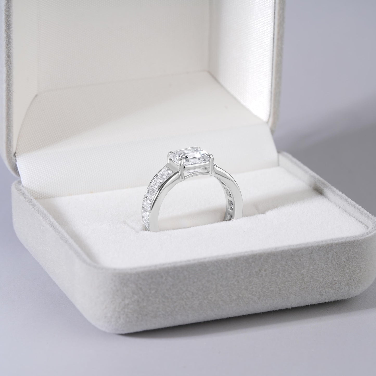 Moissanite Engagement Ring Sterling Silver Asscher Cut Stone Baguette Accent Band