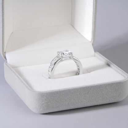 Moissanite Engagement Ring Sterling Silver Asscher Cut Stone Baguette Accent Band