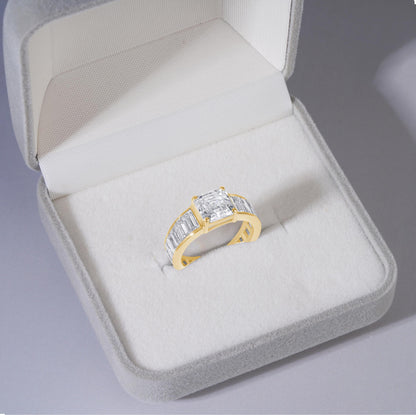 Sterling Silver Asscher Cut Moissanite Engagement Ring with Baguette Accents – Bridal Wedding Band