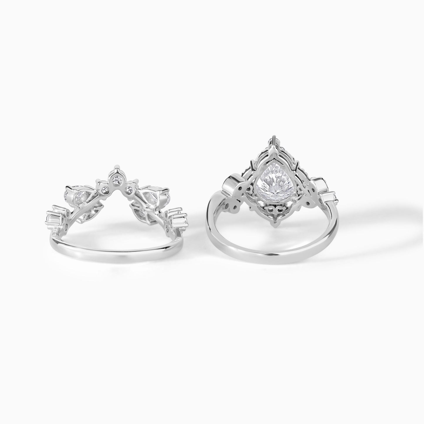 Vintage Pear Cut Moissanite Ring Set, Halo Engagement Ring with Curved Wedding Band