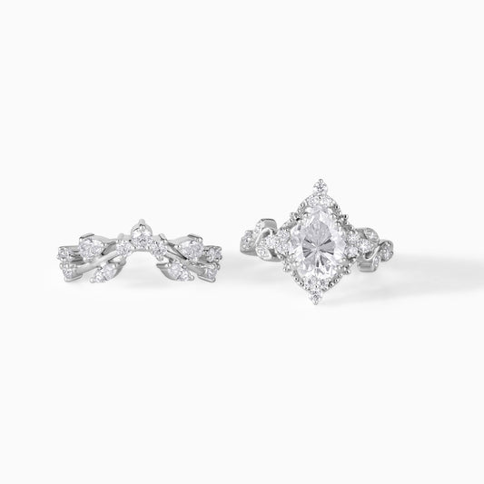 Vintage Pear Cut Moissanite Ring Set, Halo Engagement Ring with Curved Wedding Band