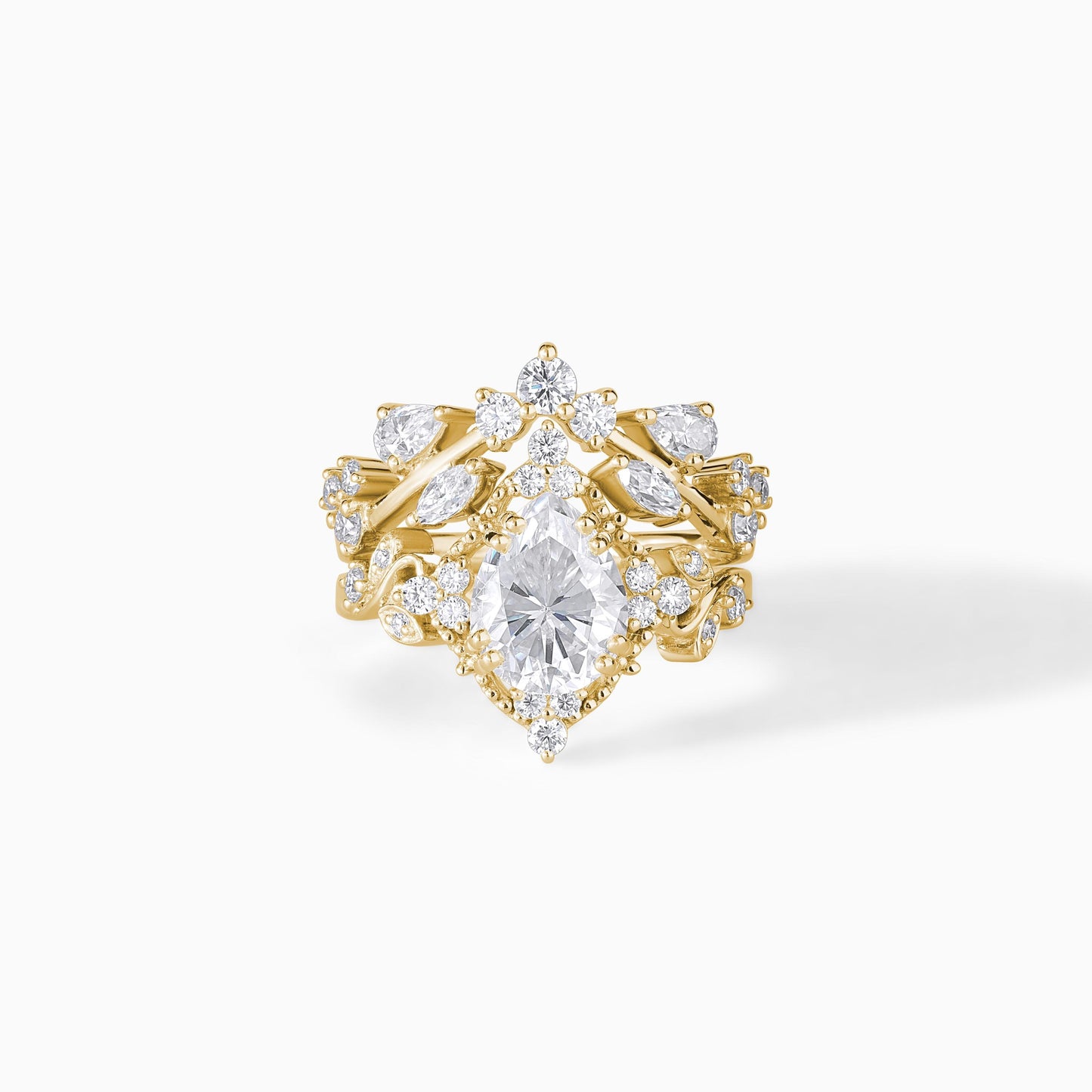 Vintage Pear Cut Moissanite Ring Set, Halo Engagement Ring with Curved Wedding Band