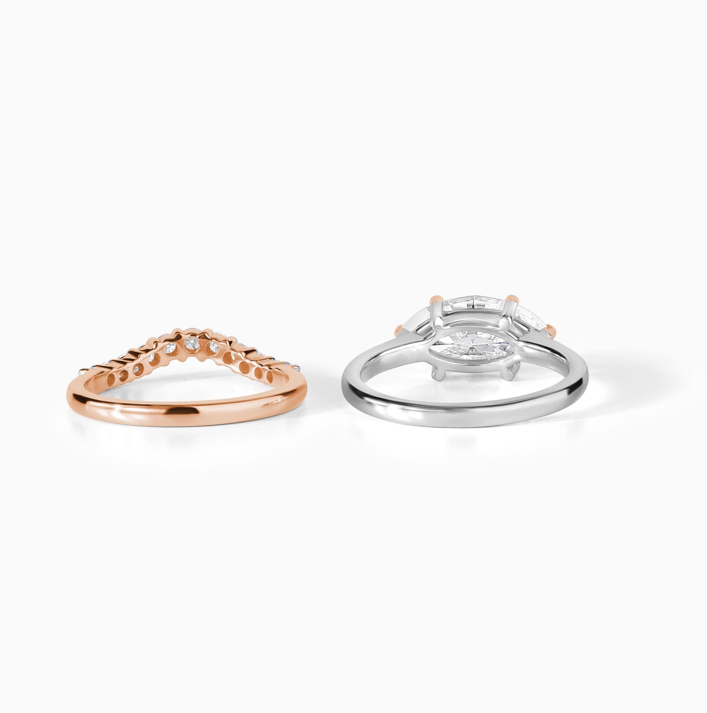 Marquise Moissanite Engagement Ring Set, Two Tone Gold Solitaire Ring with Curved Diamond Band, Unique Bridal Set, Minimal Wedding Ring