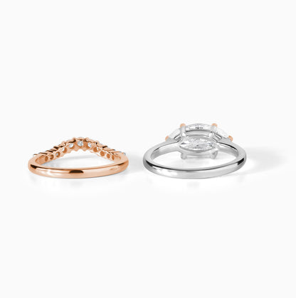 Marquise Moissanite Engagement Ring Set, Two Tone Gold Solitaire Ring with Curved Diamond Band, Unique Bridal Set, Minimal Wedding Ring