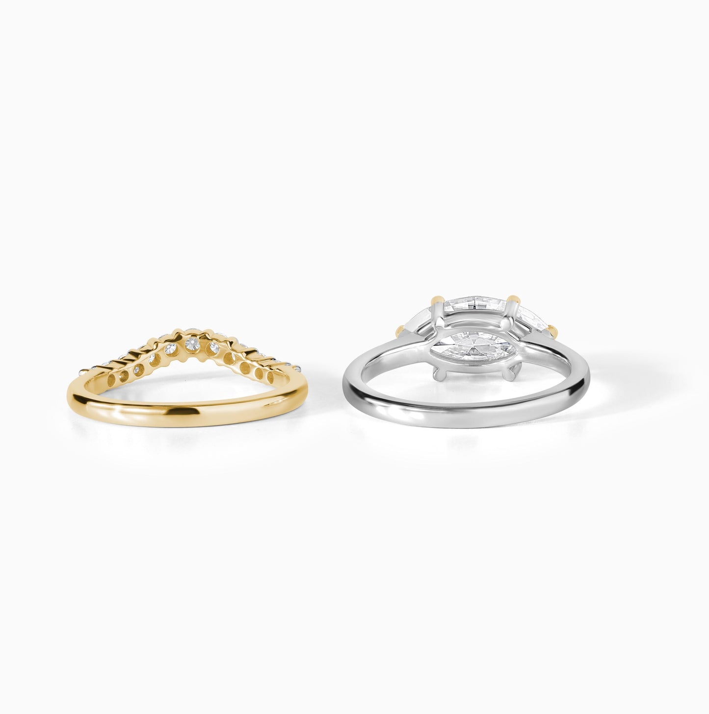 Marquise Moissanite Engagement Ring Set, Two Tone Gold Solitaire Ring with Curved Diamond Band, Unique Bridal Set, Minimal Wedding Ring