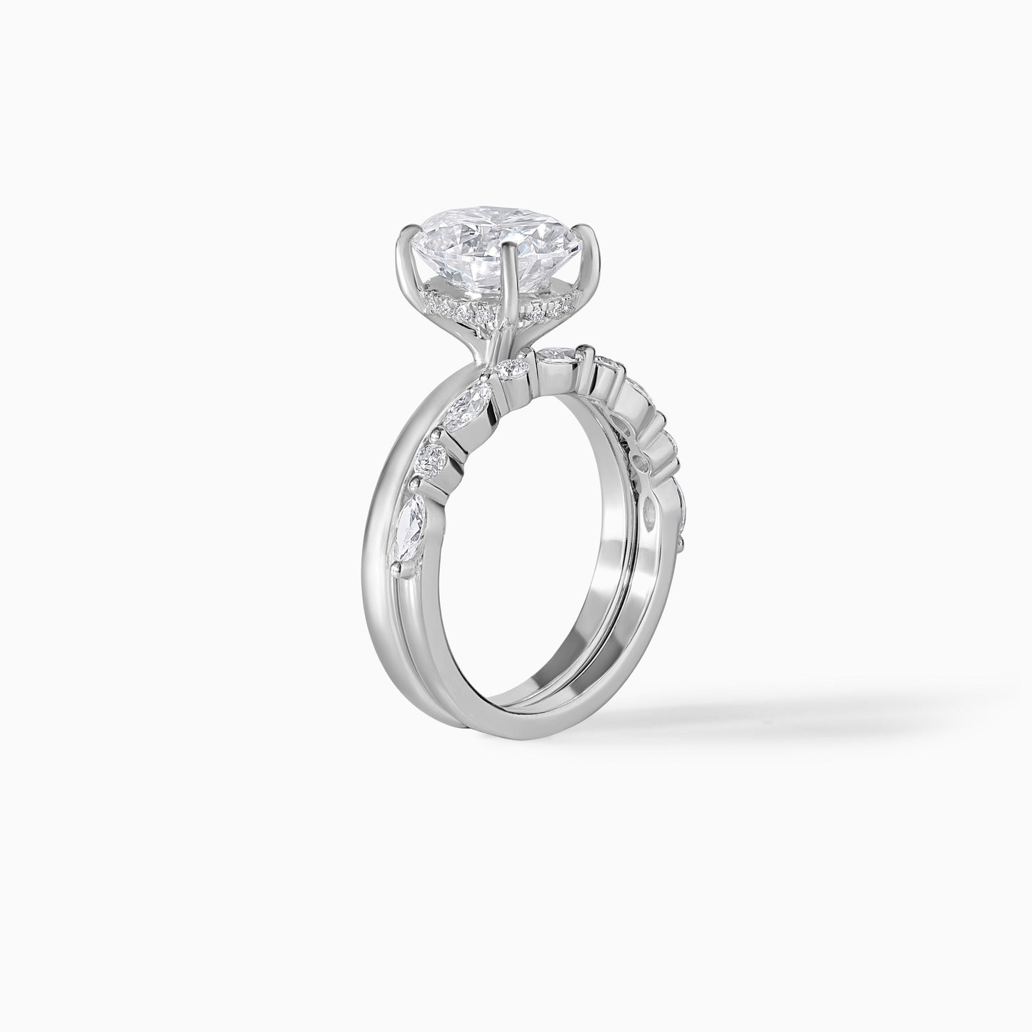 Oval Cut Moissanite Engagement Ring Set - Silver Bridal Set