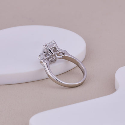 Emerald Cut Diamond Engagement Ring, 3 Stone Ring, Tapered Baguette Side Stones, 925 Sterling Silver Solitaire, Minimalist Bridal Ring