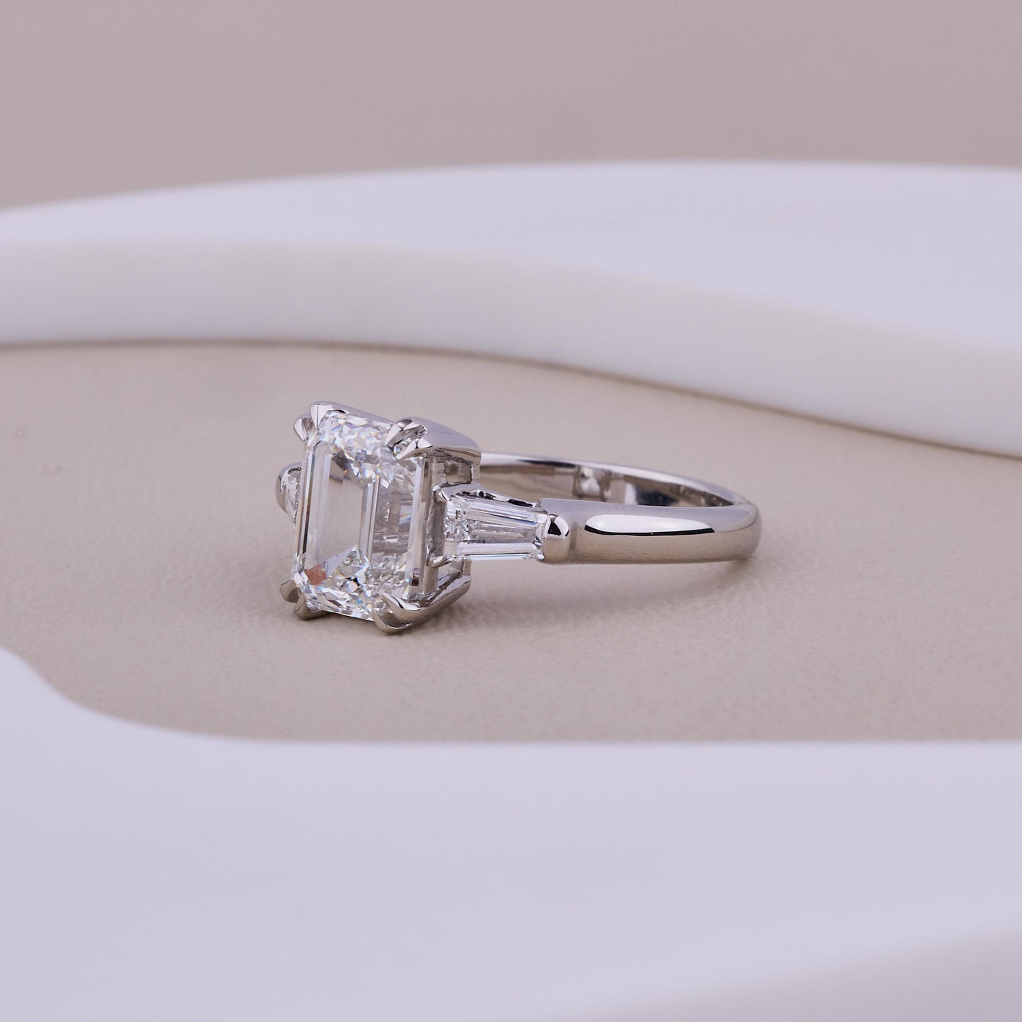 Emerald Cut Diamond Engagement Ring, 3 Stone Ring, Tapered Baguette Side Stones, 925 Sterling Silver Solitaire, Minimalist Bridal Ring