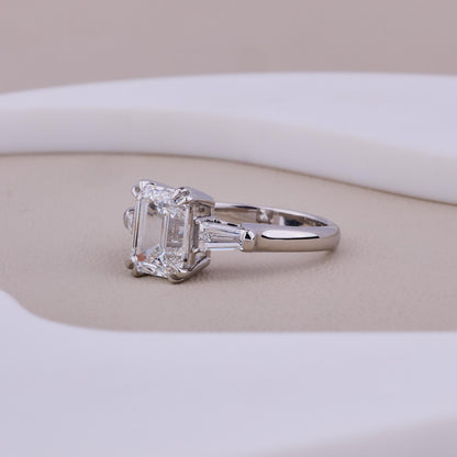 Emerald Cut Diamond Engagement Ring, 3 Stone Ring, Tapered Baguette Side Stones, 925 Sterling Silver Solitaire, Minimalist Bridal Ring
