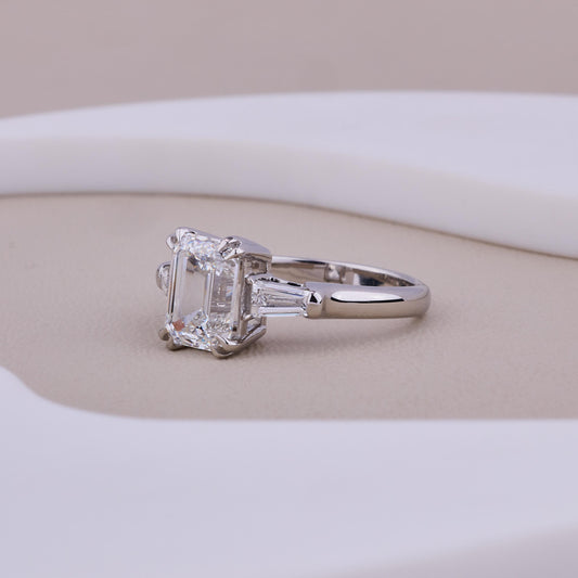 Emerald Cut Diamond Engagement Ring, 3 Stone Ring, Tapered Baguette Side Stones, 925 Sterling Silver Solitaire, Minimalist Bridal Ring