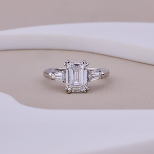 Emerald Cut Diamond Engagement Ring, 3 Stone Ring, Tapered Baguette Side Stones, 925 Sterling Silver Solitaire, Minimalist Bridal Ring