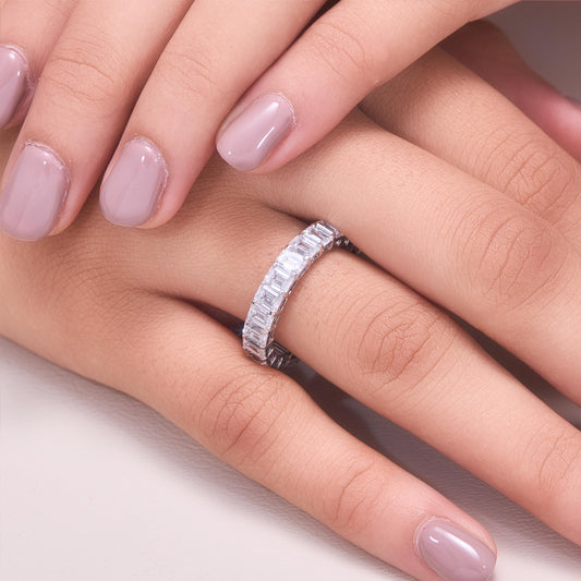 Emerald Cut Diamond Eternity Band, Full Eternity Wedding Ring, Baguette Diamond Band, Silver Anniversary Ring, Stackable Bridal Band