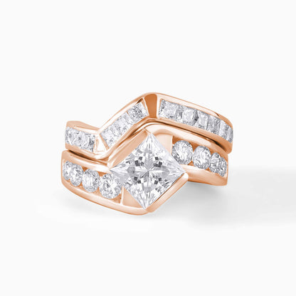Princess Cut Engagement Ring Set, Geometric Wedding Band Set, Stackable Contour Rings, Modern Bridal Set, Unique Diamond Ring